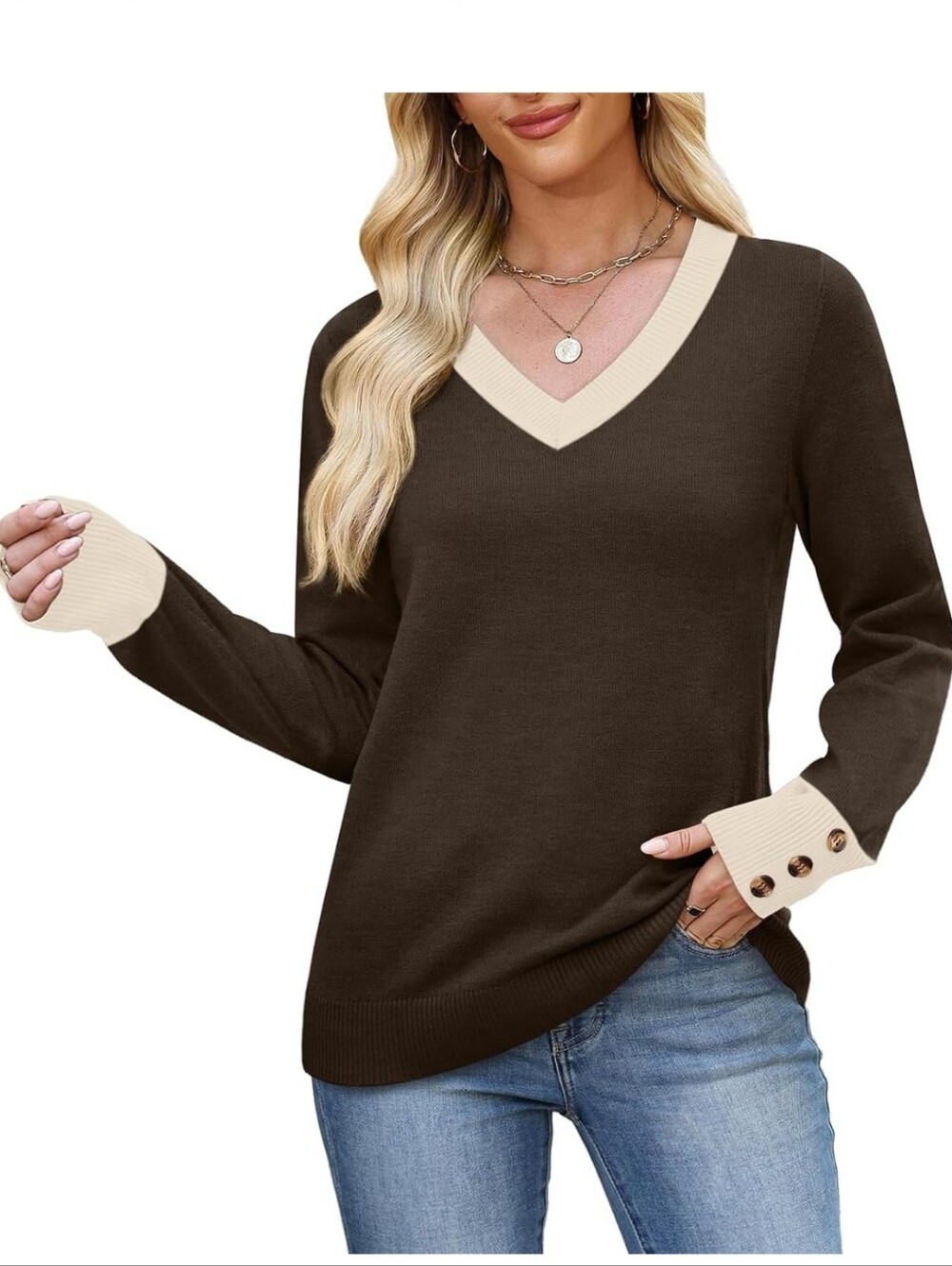 V-Neck Two-Tone Brown and Cream Sweater